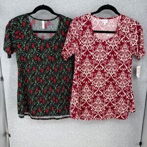 LulaRoe Womens Perfect T Shirt LOT of 2 Size L Floral Geo Print Black Red NEW
